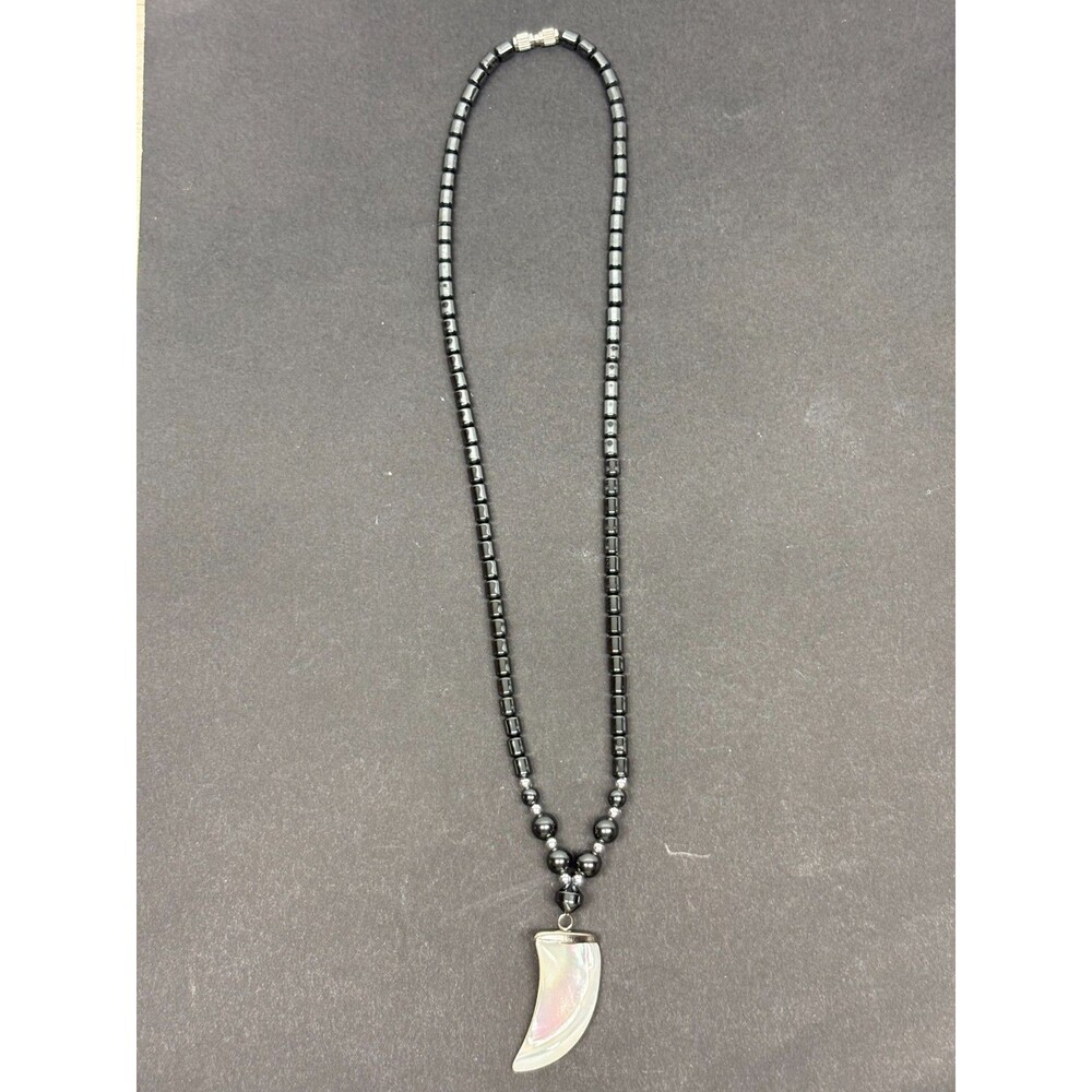 Hematite Bead Necklace Boho Style With Mother Of Pearl Claw Pendant